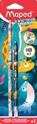 Maped crayon graphite Jungle Fever HB avec gomme, + guide-doigts, blister de 2 pièces, assorti