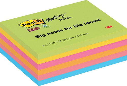 Post-it Super Sticky Meeting notes, 45 feuilles, ft 203 x 153 mm, couleurs assorties, paquet de 6 blocs