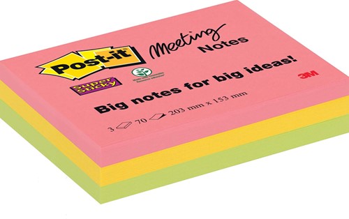 Post-it Super Sticky Meeting notes, 70 feuilles, ft 203 x 153 mm, couleurs assorties, paquet de 3 blocs