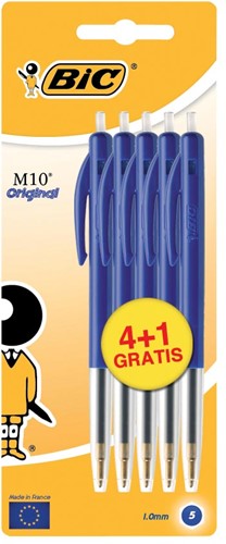 Bic stylo bille M10 Clic largeur de trait 0,4 mm, pointe moyenne, bleu, blister 4 + 1 gratuit