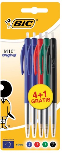 Bic balpen M10, blister 4 + 1 gratis in geassorteerde kleuren