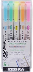 ZEBRA MILDLINER markeerstift, dubbele punt, Fluor, etui van 5 stuks, in geassorteerde kleuren