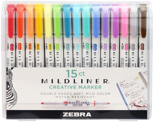 ZEBRA MILDLINER surligneur à deux pointes, étui de 15 pièces, en couleurs assorties