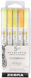 ZEBRA MILDLINER markeerstift, dubbele punt, Yellow, etui van 5 stuks, in geassorteerde kleuren