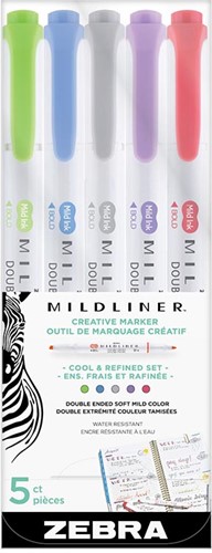 ZEBRA MILDLINER surligneur à deux pointes, Cool, étui de 5 pièces, en couleurs assorties