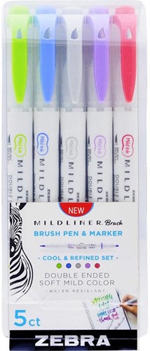 ZEBRA MILDLINER feutre pinceau et fineliner, Cool et Refined, étui de 5 pièces, en couleurs assorties