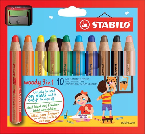 STABILO woody 3in1 crayon de couleur, étui de 10 pièces en couleurs assorties