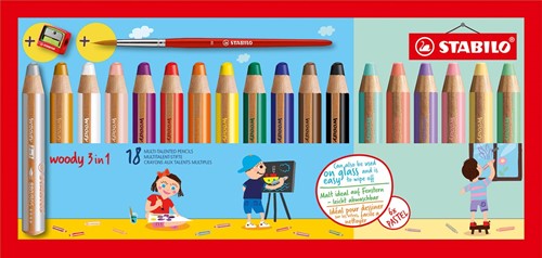 STABILO woody 3in1 crayon de couleur, étui de 18 pièces en couleurs assorties + taille-crayon + pinceau 18 Etui