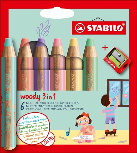 STABILO woody 3in1 crayon de couleur, étui de 6 pièces en couleurs pastel 6 Etui