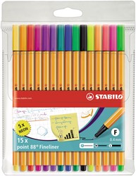 STABILO point 88 fineliner, étui de 15 pièces en couleurs assorties 15 Stuk