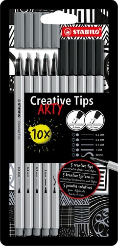 STABILO Creative Tips ARTY, pointes assorties, paquet de 10 pièces, gris/noir