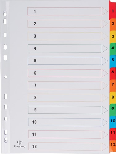 Pergamy tabbladen met indexblad, ft A4, 11-gaatsperforatie, geassorteerde kleuren, set 1-12