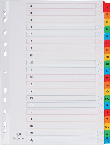 Pergamy intercalaires avec page de garde, ft A4, 11 trous, couleurs assorties, A-Z 20 avec onglets