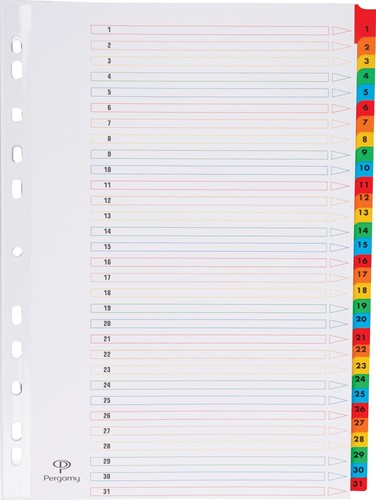 Pergamy tabbladen met indexblad, ft A4, 11-gaatsperforatie, geassorteerde kleuren, set 1-31