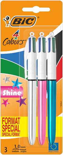 Bic Colours Shine 4-kleurenbalpen, medium, klassieke inktkleuren, blister van 3 stuks