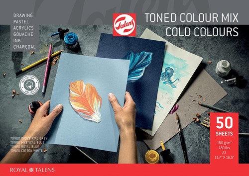 Talens gekleurd papier à dessin, 180 g, ft 29,7 x 42 cm, A3, couleurs assorties froide, bloc de 50 feuill