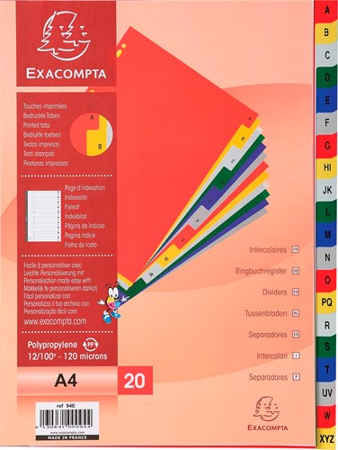 Exacompta intercalaires pour ft A4, en PP, de A à Z, 20 onglets, index, couleurs assorties