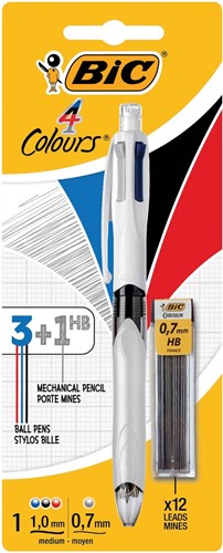 Bic 4 Colours 3 + 1 HB stylo bille 4 couleurs, moyen, 3 couleurs d'encre classique et un porte-mine 0,7 m 1 Stuk