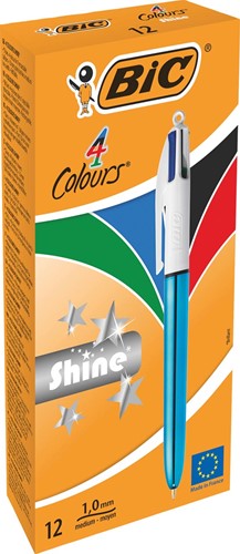 Bic 4 Colours Shine stylo bille 4 couleurs, moyen, 4 couleurs d'encre classique, corps bleu métalisé