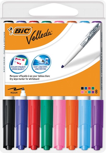Bic marqueur tableau blanc Velleda 1741, en couleurs assorties, étui de 8 pièces