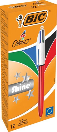 Bic 4 Colours Shine stylo bille 4 couleurs, moyen, 4 couleurs d'encre classique, corps rouge métalisé