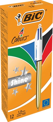 Bic 4 Colours Shine stylo bille 4 couleurs, moyen, 4 couleurs d'encre classique, corps or 1 Stuk