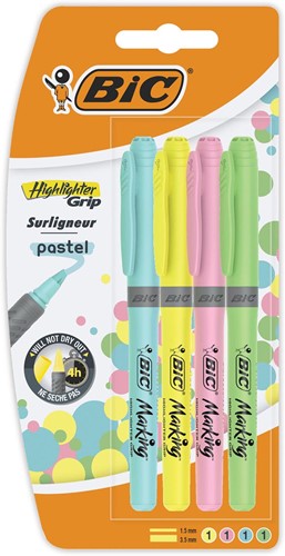 Bic surligneur Highlighter Grip Pastel, blister de 4 pièces en couleurs assorties
