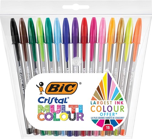 Bic stylo bille Cristal Multicolour, étui de 15 pièces en couleurs assorties