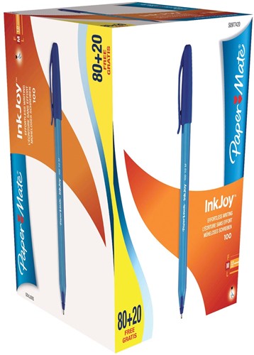 Paper Mate stylo bille InkJoy 100 avec capuchon, bleu, boîte 80 + 20 gratuit 100 Stuk