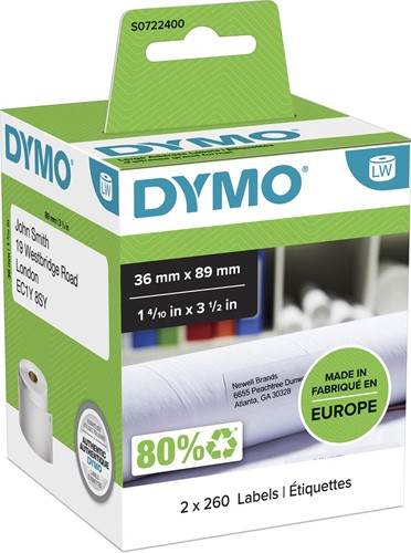 Dymo étiquettes LabelWriter, ft 89 x 36 mm, blanc, 2 x 260 étiquettes 2 Rol