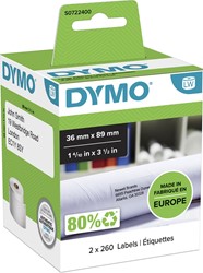 Dymo étiquettes LabelWriter, ft 89 x 36 mm, blanc, 2 x 260 étiquettes 2 Rol