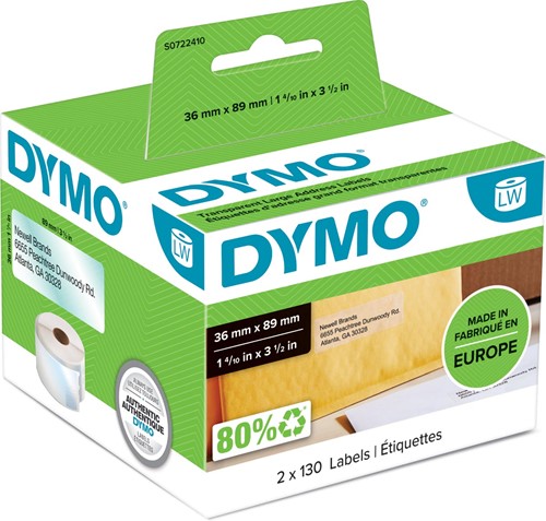 Dymo étiquettes LabelWriter ft 89 x 36 mm, transparent, 260 étiquettes 260 Stuk