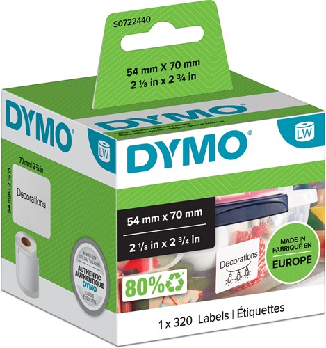 Dymo étiquettes LabelWriter ft 70 x 54 mm, blanc, 320 étiquettes 320 Stuk