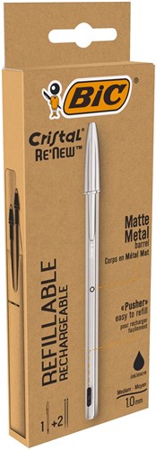 Bic stylo à bille Cristal Re-new, corps argent, encre noir, boîte de 1 pièce et 2 recharges