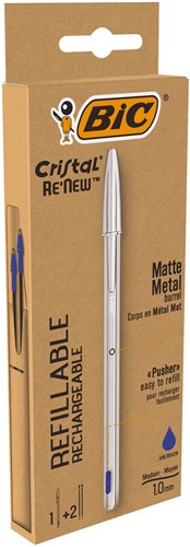 Bic stylo à bille Cristal Re-new, corps argent, encre bleu, boîte de 1 pièce et 2 recharges