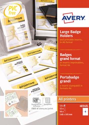 Avery badge grand format, ft 10,5 x 14,8 cm, inserts inclus, boîte de 50 pièces