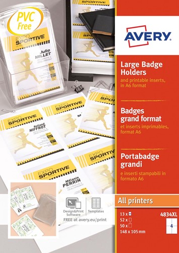 Avery badge grand format, ft 10,5 x 14,8 cm, inserts inclus, boîte de 50 pièces