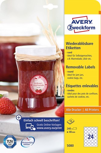 Avery Zweckform étiquettes rondes, diametre 40 mm, blanc, amovible, 240 étiquettes, 10 feuilles