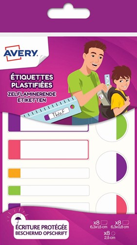 Avery Family étiquettes plastifiées, sachet brochable avec 24 étiquettes, formats et couleurs neon