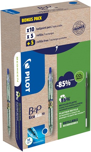 Pilot Ecoball B2P BeGreen stylo bille, pointe medium, 0,3 mm  10 pièces + 10 recharges, bleu