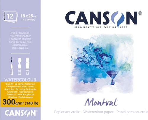 Montval aquarelpapier, wit met fijne korrel 300 g/m², ft 18 x 25 cm, blok met 12 vellen