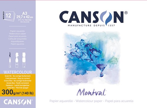 Montval papier aquarelle, blanc avec grain fin 300 g/m², ft A3, bloc de 12 feuilles
