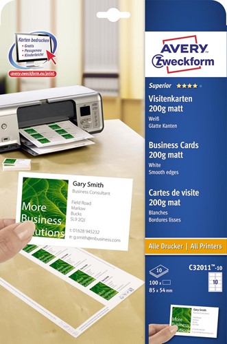 Avery cartes de visite 200 g/m², Ft 85 x 54 mm (10 par feuille), boîte de 10 feuilles