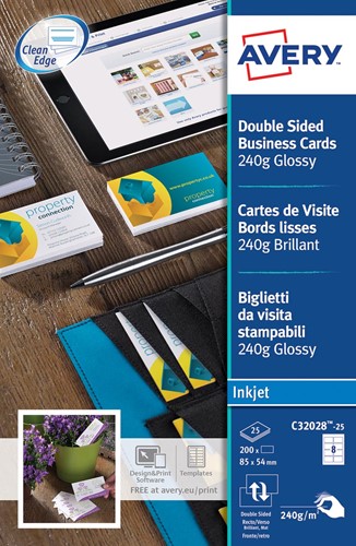 AVERY visitekaarten voor inkjet Quick&Clean  glanzend, 200 kaartjes, 250 g/m² 25 Vel