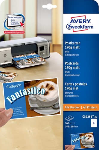 Avery briefkaart, 170 g/m², 4 per blad, 100 stuks