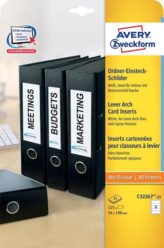 Zweck Cartes bristols pr dos de classeur, étroites ft 5,4 x 19 cm, dos de 8 cm, 125 pièces 25 Vel