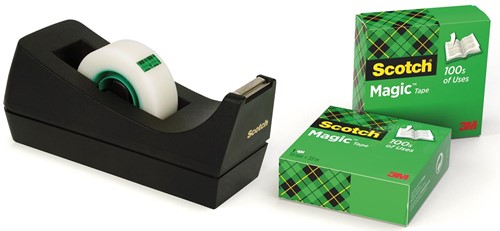 Scotch plakbandafroller C38 zwart, inclusief 3 rolletjes (19 x 33 mm)