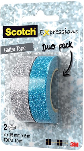 Scotch Expressions glitter tape, 15 mm x 5 m, blister met 2 stuks in geassorteerde kleuren 2 Rol