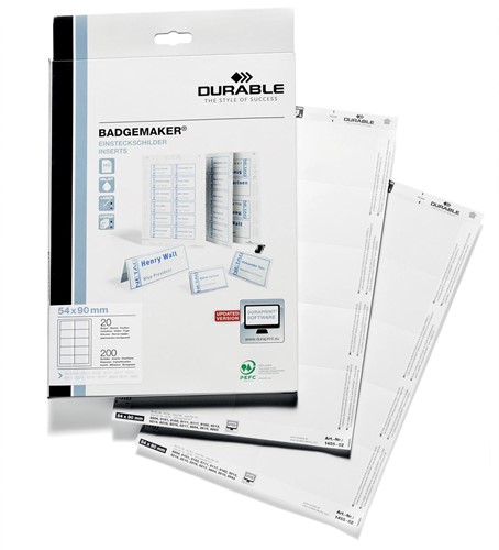 Durable cartes pour badges ft 54 x 90 mm (pour badges 8004, 8012, 8101, 8111, 8117, 8604 et 8610), 200... 200 Stuk