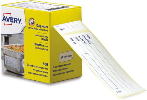 Avery étiquettes alimentaire, ft 98 x 40 mm, 1 roulleau 300 étiquettes en une boîte dévidoir, anglais